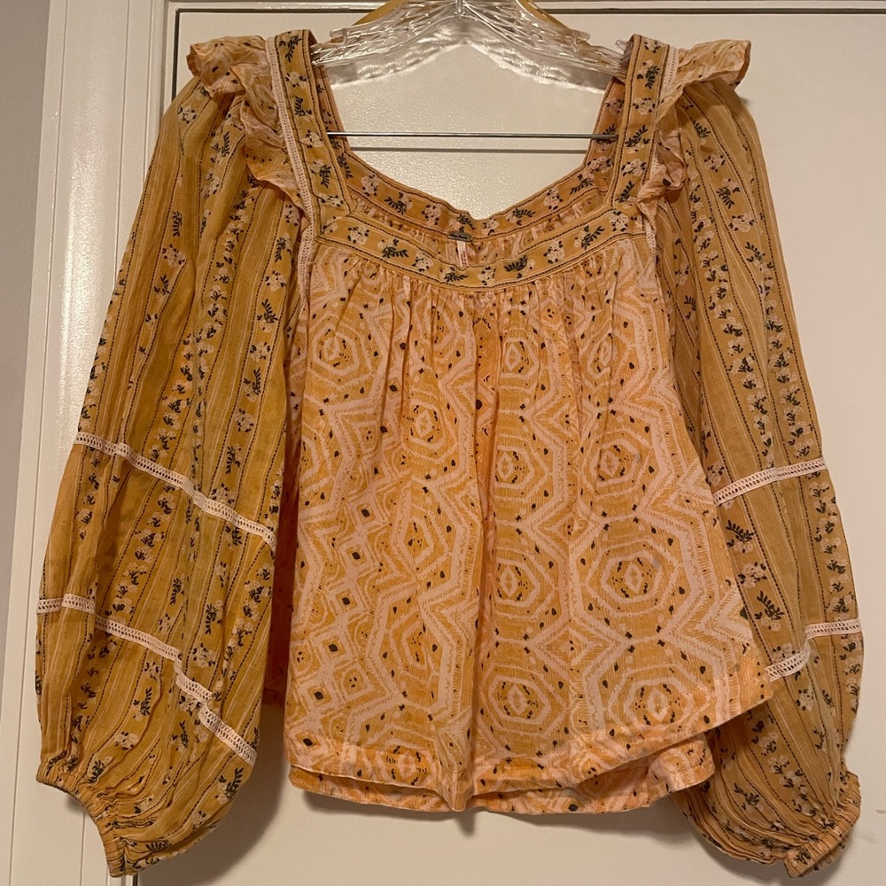 Free People Yellow Ruffled Smocked Long Sleeve Blouse